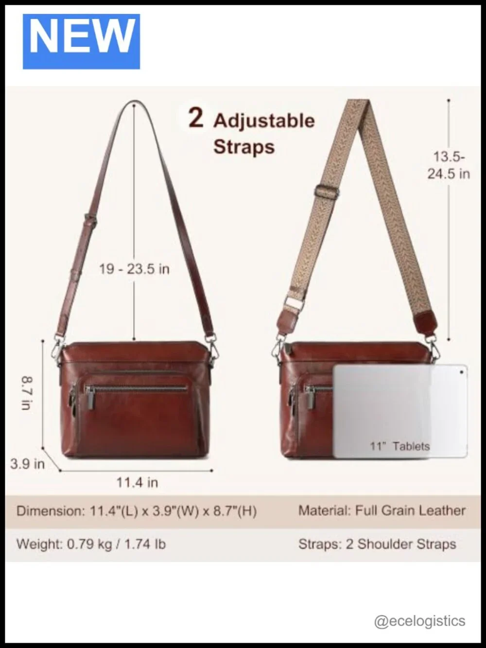 Genuine Leather Crossbody Bag RFID Blocking Pockets Adjustable Straps